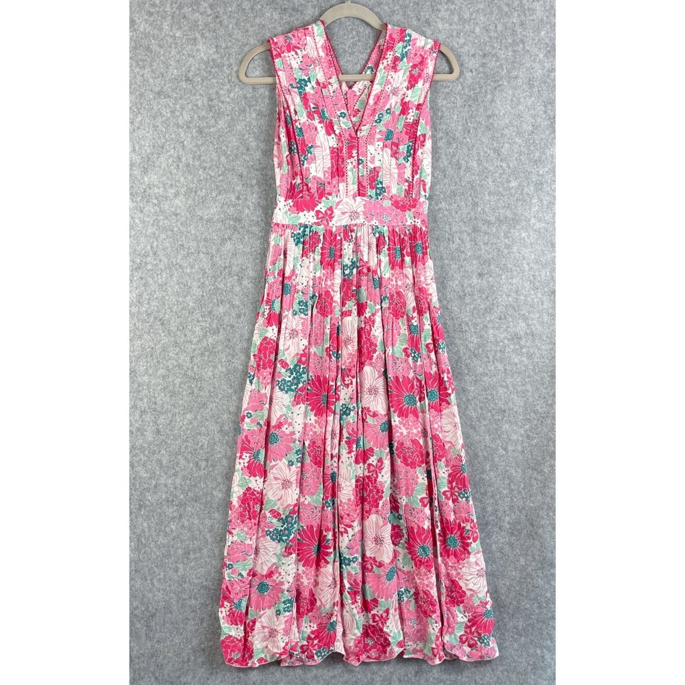 Poupette St Barth Agnes Midi Dress Womens Small Pink Floral Pleated Resort NWT